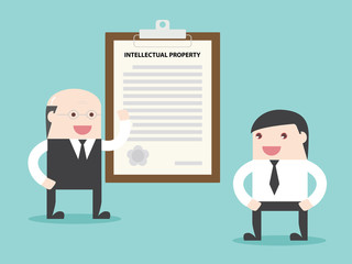 Executive talking about Intellectual property contract to businessman.  Flat design for business financial marketing banking advertising web concept cartoon illustration.