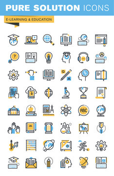 Set of thin line flat design icons of e-learning and education. Icons for websites, mobile websites and apps, easy to use and highly customizable.