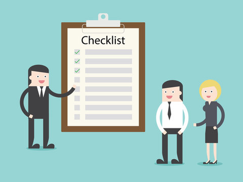 Executive explain checklist to businessman businesswoman.  Flat design for business financial marketing banking advertising web concept cartoon illustration.