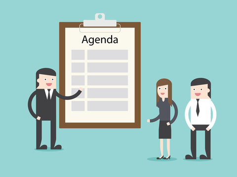 Executive talking about agenda to businessman businesswoman.  Flat design for business financial marketing banking advertising web concept cartoon illustration.