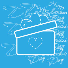 Happy Valentine's Day Greeting Card. Big Gift Box with Bow and Heart Shaped Stitches. White Congratulation Text Silhouette on Blue Backdrop. Digital background vector illustration.