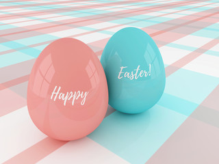 Easter eggs lying on plaid tablecloth with greetings