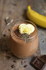 Chocolate banana smoothie with chia seed.