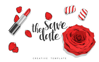 Beauty background with roses, petals, sweets in sketch. Stylish background template in red. Design greeting cards , invitations , wedding cards. Elegant design with lipstick , marshmallow and rose