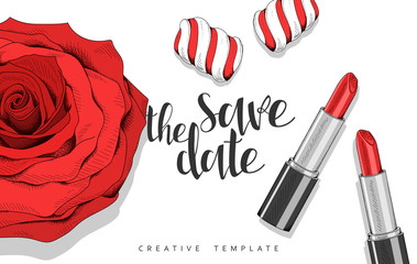 Beauty background with roses, petals, sweets in sketch. Stylish background template in red. Design greeting cards , invitations , wedding cards. Elegant design with lipstick , marshmallow and rose