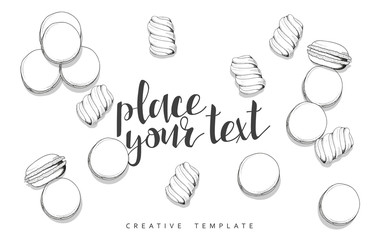 Macaroon and marshmallow in sketch. Conceptual background template for presentations. Realistic outline items. Sweet candy. Sweets on table. Presentation text. Set of objects in sketch. Coloring adult