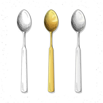 Set realistic sketch spoons . Cutlery for design. Tea and tablespoons. Spoon handmade to create a design. Gold and silver spoons . Bright macaroon set in sketch style.