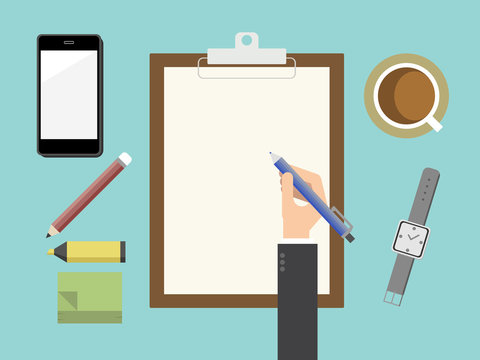 Paper blank clipboard. Top view style. Flat design for business financial marketing banking advertising web concept cartoon illustration.