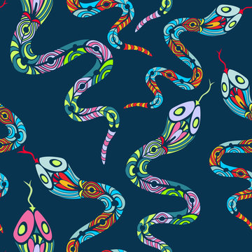 Seamless Background With Cute Ornate Snakes