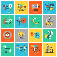 Modern thin line flat design icons for the basic company presentation via the website. Icons for web and app design, easy to use and highly customizable.