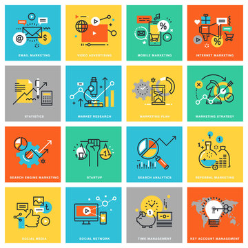 Thin line flat design icons for digital marketing, different categories of marketing and advertising, social media and network, analytics and planning, marketing strategy. Icons for web and app design