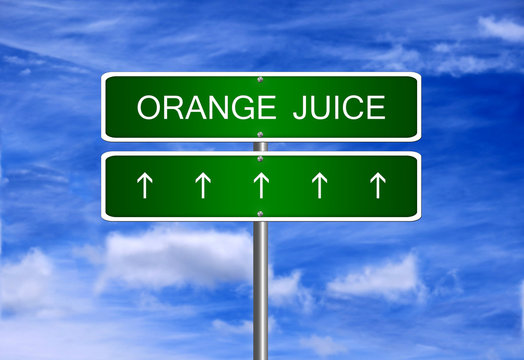 Orange juice price diet investment trading arrow going up rising strong industry bull market concept.