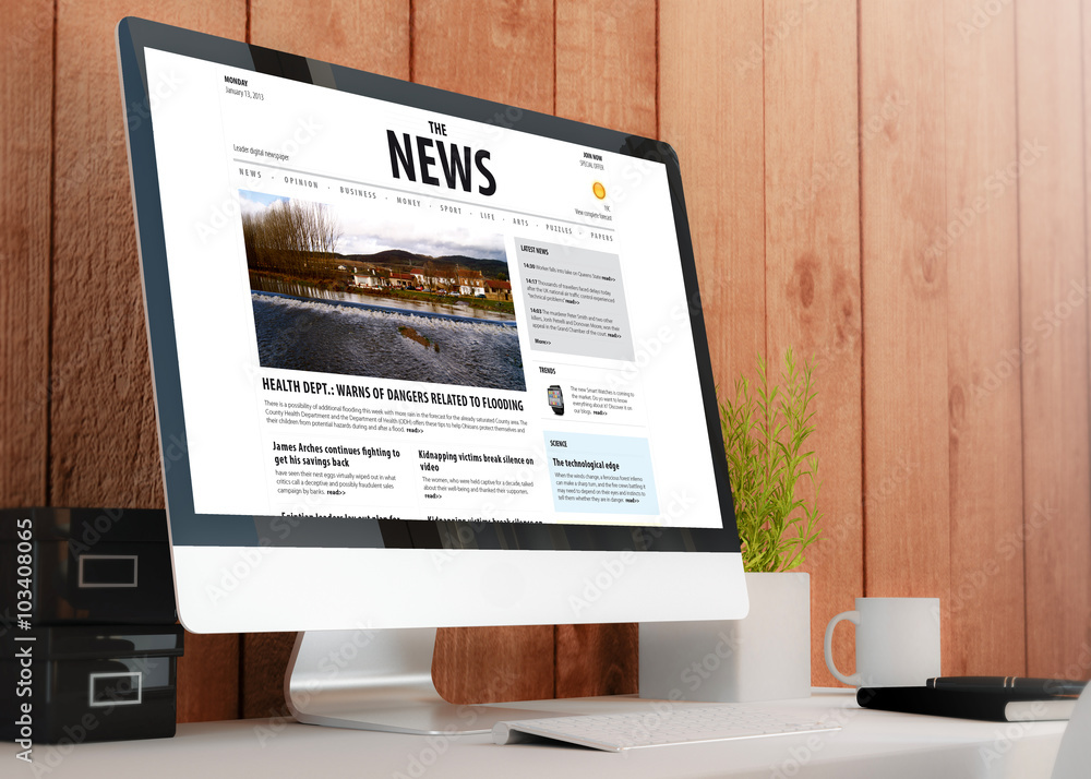 Poster modern workspace with computer showing news website
