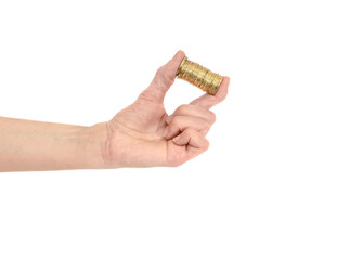 Women hand with coins isolated on white background