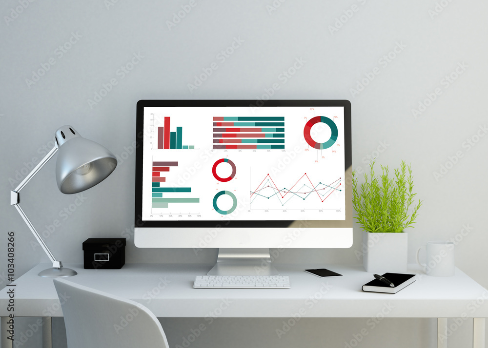 Poster modern clean workspace showing charts and graphs on screen