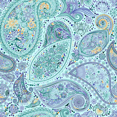Paisley vintage floral motif ethnic seamless background. Abstract lace pattern. Ability to edit the colors, without losing seamlessly. Hand drawing colorful wallpaper. EPS-8 vector texture.
