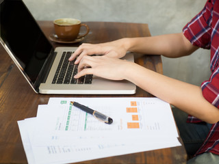 man working on laptop outdoor, Close up hand when typing