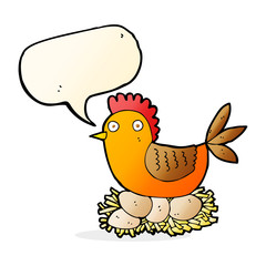 cartoon hen on eggs with speech bubble
