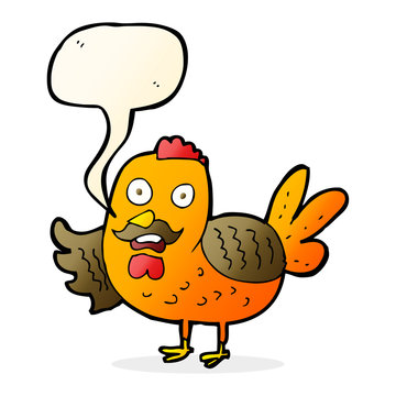 cartoon old rooster with speech bubble