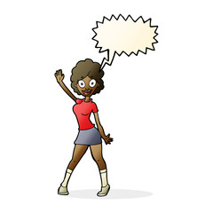 cartoon woman dancing with speech bubble
