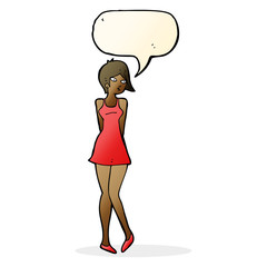 cartoon pretty woman in dress with speech bubble