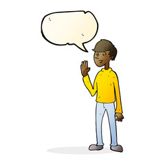 cartoon waving man with speech bubble