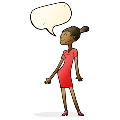 cartoon woman in dress with speech bubble