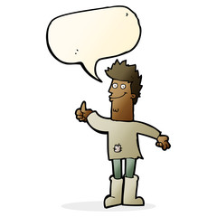 cartoon positive thinking man in rags with speech bubble