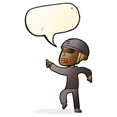 cartoon man in bike helmet pointing with speech bubble