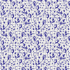 Seamless vector pattern, background with roses, branches and leaves on the chekered white paper. Hand sketch drawing. Imitation of ink pencilling. Series of Hand Drawn Patterns.
