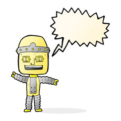 cartoon waving robot with speech bubble