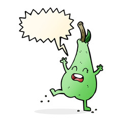 cartoon happy dancing pear with speech bubble