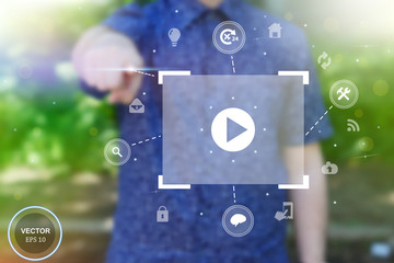 Abstract creative concept vector image of man touching future technology social network button. Digital touch screen of icon for web, mobile application, iIllustration template, business infographic