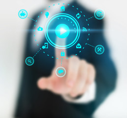 Abstract concept photo of man touching future technology social network button. Digital touch screen of icon for web, user mobile application, art iIllustration template, business virtual data bar.