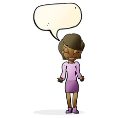 cartoon happy woman shrugging shoulders with speech bubble