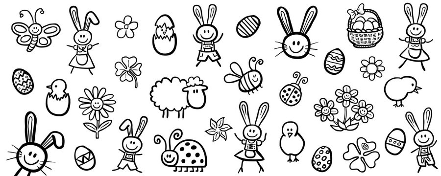 Doodle-Set: Ostersymbole / handgezeichnet, schwarz-wei&szlig;, Vektor, freigestellt