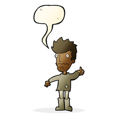 cartoon worried man giving thumbs up symbol with speech bubble