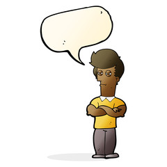 cartoon man with folded arms with speech bubble
