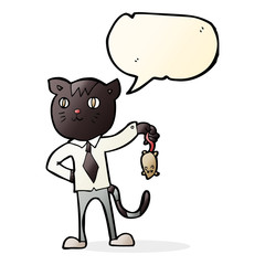 Obraz premium cartoon business cat with dead mouse with speech bubble