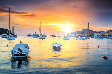 Magical sunset with Rovinj harbor,Istria region,Croatia,Europe