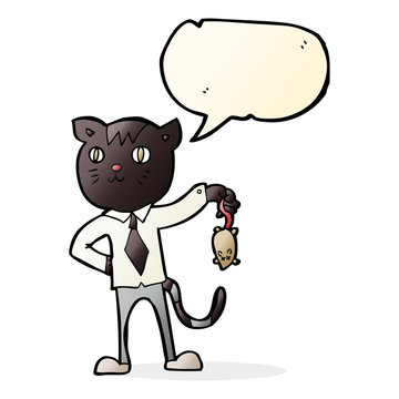 cartoon business cat with dead mouse with speech bubble