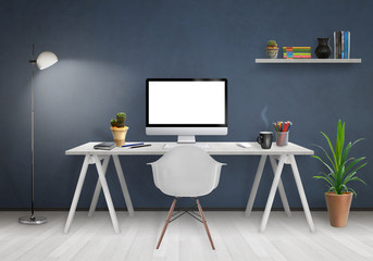 Modern office interior with computer on desk, plants, lamp, chair, shelf, books, blue wall and white floor.