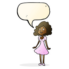 cartoon happy woman in dress with speech bubble