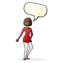 cartoon woman in dress with speech bubble