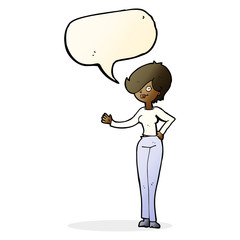 cartoon woman waving with speech bubble