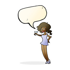cartoon woman at party with speech bubble