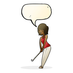 cartoon woman playing golf with speech bubble