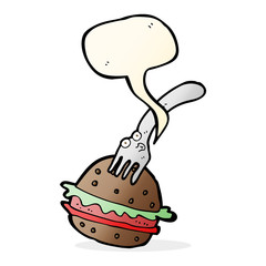 cartoon fork and burger with speech bubble