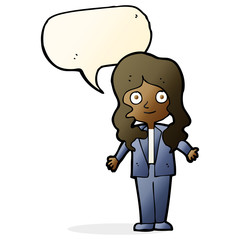 cartoon friendly business woman with speech bubble