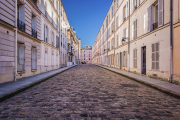 Fototapeta premium Malownicza brukowana ulica w Paryżu we Francji